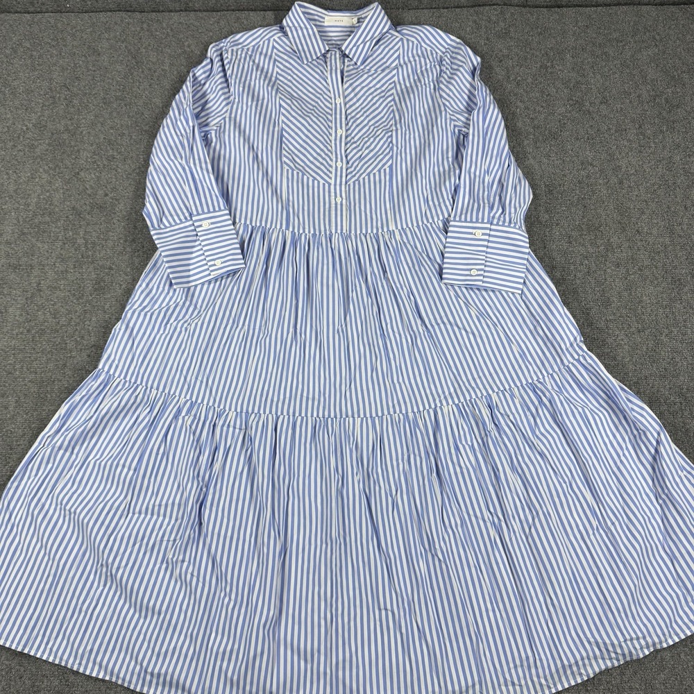 Maye Dress Womens Large Blue White Striped Midi Tiered Collared Popover